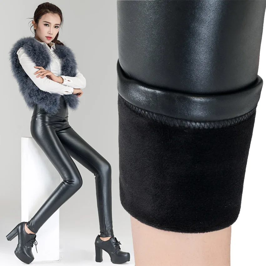 New Sexy Girl Warm Winter With Lining PU leather Velvet High Waist Elastic Slim Fitness Workout Women Leggings Pants Trousers