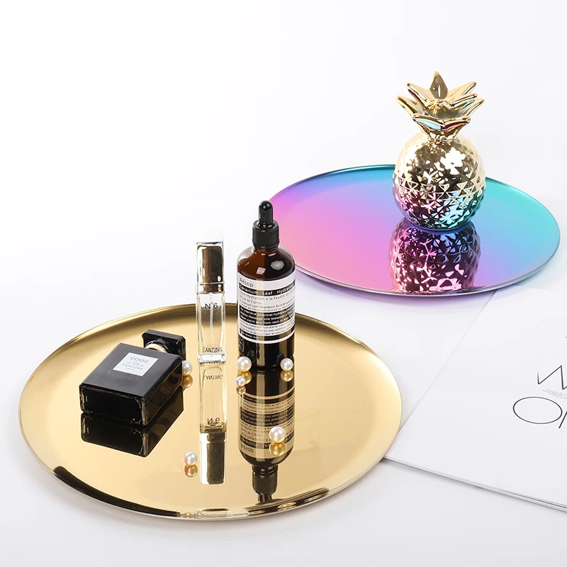 

Colorful Metal Storage Tray Stainless Steel Round Dish Fruit Tea Plate Decoration Jewelry Display Home Kitchen Decor