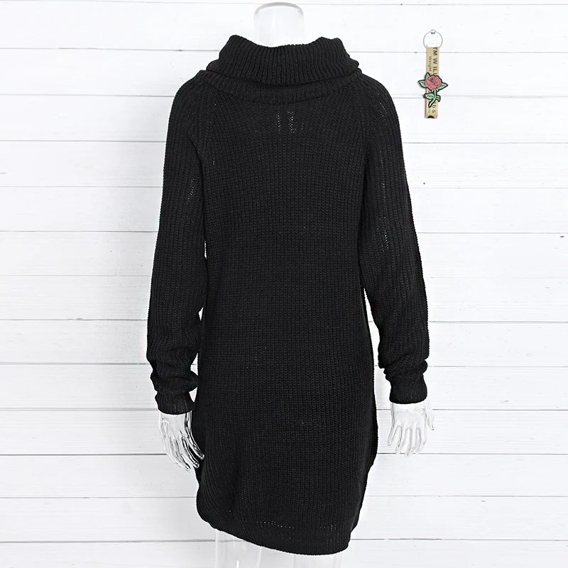 Зимний женский свитер с высоким воротом черный длинный рукав Плюс Размер Свободный вязаный женский Повседневный пуловер Топы с карманами