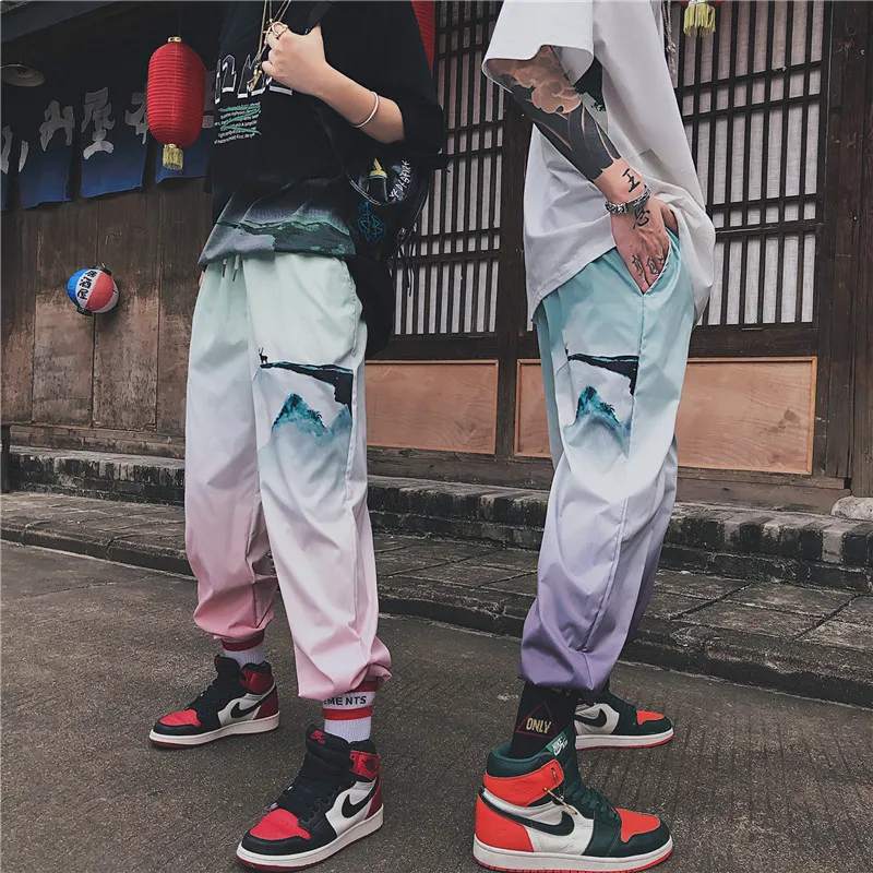 

2019 Summer Mountain Color Gradient Harem Pants Men's and Women's Couples Cropped Pants Youth Fashion Pants Trousers