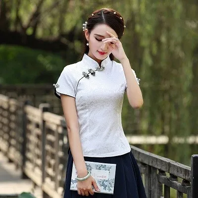 Sheng Coco, китайская одежда, топы, традиционный стиль, Cheongsam, топы, Qipao, летние, короткие, жаккардовый, хлопок, Тан, костюм, Vetement, рубашка - Цвет: white