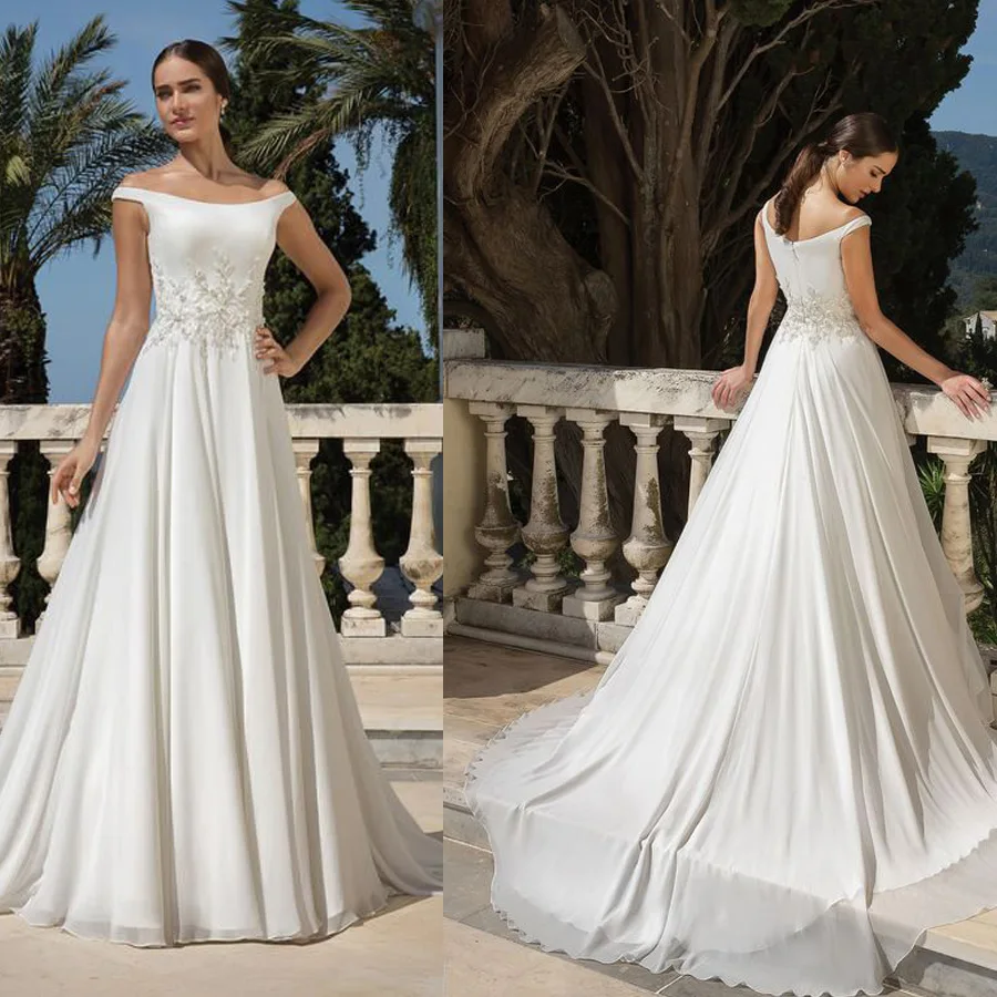 

Off the Shoulder Scoop Neckline Soft Chiffon Lace Applique A-line Bridal Dress with Zipper Back Wedding Dress