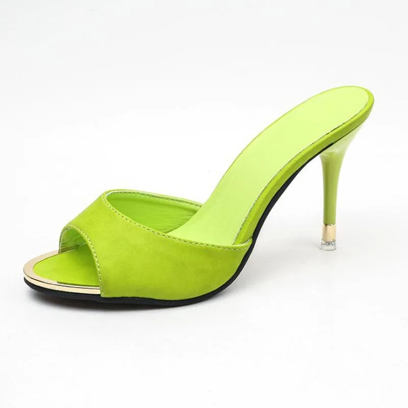 Женская обувь на высоком каблуке; Новое поступление года; летняя модная обувь на тонком каблуке; пикантные черные шлепанцы; удобные женские босоножки; F90077 - Цвет: Зеленый
