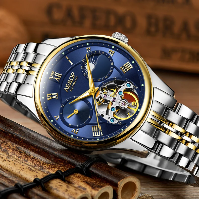 

Aesop 2018 Fashion 3D Logo Engraving Blue Stainless Steel Men Tourbillon Mechanical Watch Top Brand Luxury Skeleton Watches
