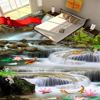 

beibehang Stylish 3d flooring beautiful wallpaper lotus carp waterfall three-dimensional painting tiles papel de parede tapety