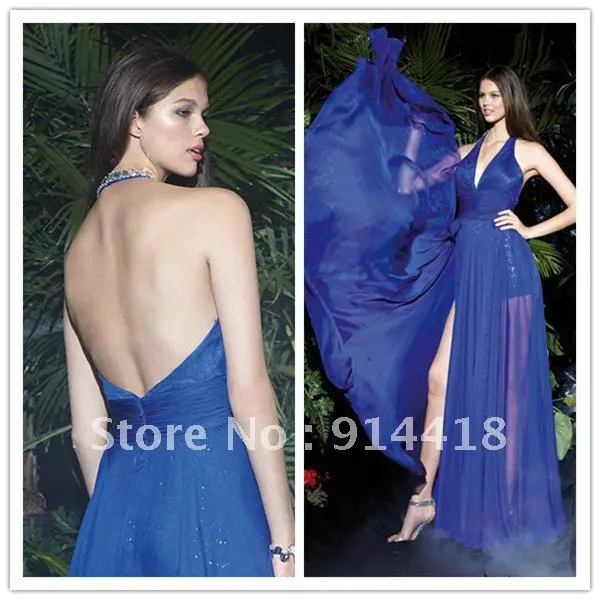 2012 Hotsale Promotion Halter Royal Blue Sexy Side Slit Prom Dresses |