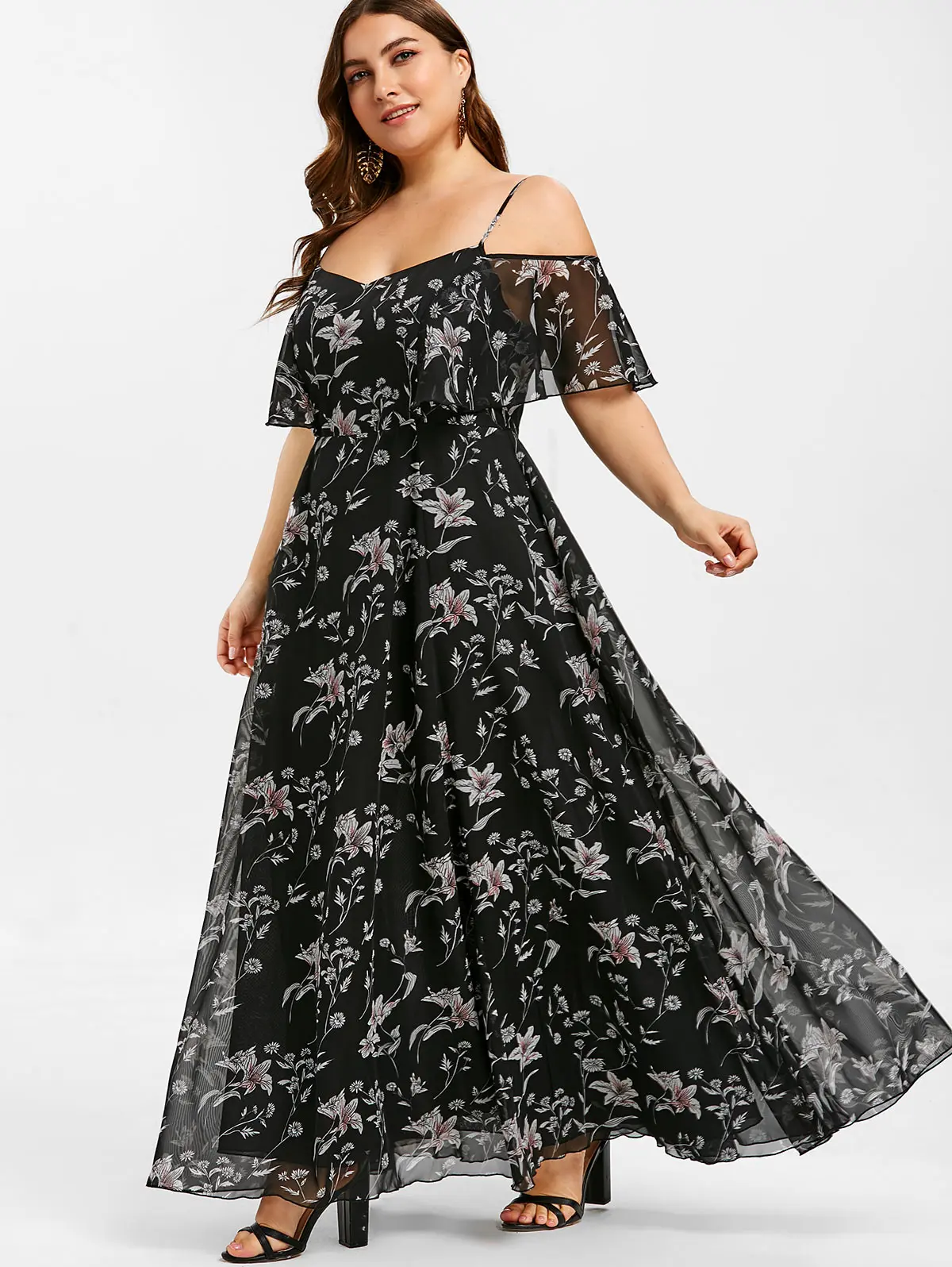 

ROSEGAL Plus Size Plant Print Cold Shoulder Dress Women Chiffon Dress Summer Spaghetti Strap Boho Maxi Long Dress Vestidos 5XL