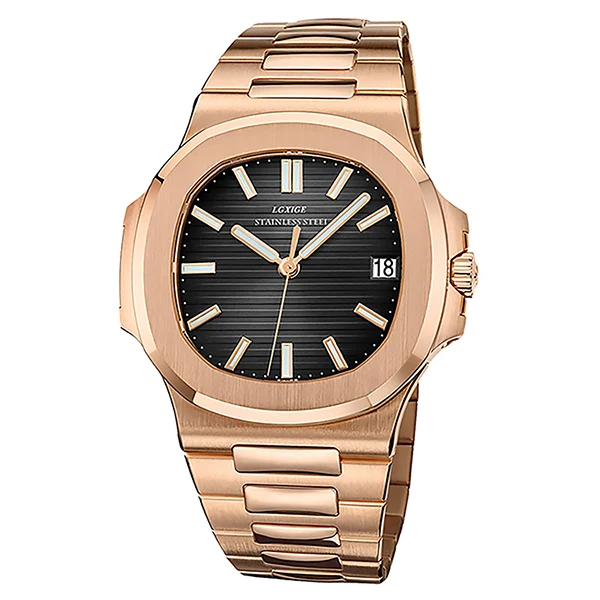 LGXIGE мужские часы Patek модные спортивные кварцевые часы мужские часы лучший бренд класса люкс полностью стальные водонепроницаемые золотые наручные часы Relogio Masculino - Цвет: Rose Black