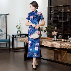 Длинное платье с короткими рукавами, жаккардовые платья Qipao, повседневное китайское платье среднего возраста, бархатное платье чонсам
