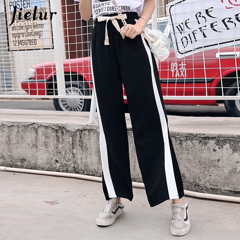 

Jielur 2019 Korean Casual Wide Leg Pants Split Capris Side Stripe Harajuku Trousers for Women BF High Waist Pants S-XXL Dropship