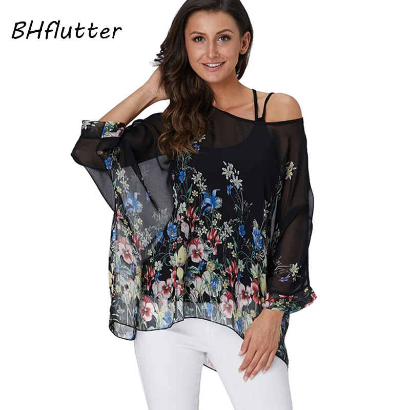 BHflutter 4XL 5XL 6XL размера плюс блузка женская шикарная Цветочная Печать шифон сексуальные блузки с открытыми плечами летние топы туника