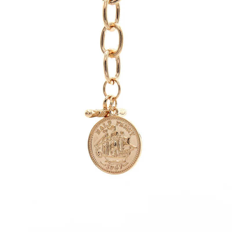 HUANZHI Korean New Geometric Human Avatar Coin Sailing Ship Gold Alloy Chain Jewelry Bangle for Women Girls Party Bar