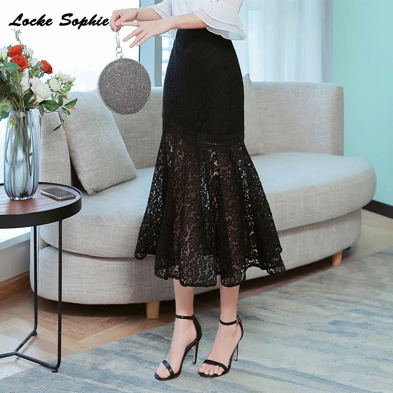 

1pcs Hight waist skirts Women's Plus size mermaid skirts 2020 Spring Lace hollow out Fishtail Black skirt Ladies Casual skirts