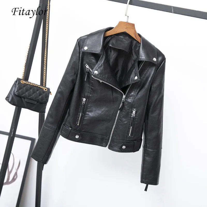 

Fitaylor Autumn New 2019 Pu Faux Soft Leather Jacket Women Short Coat Casual Rivet Zipper Motorcycle Pink Black Slim Outerwear