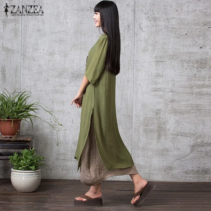 ZANZEA, модное винтажное платье из хлопка и льна, лето-осень, женские повседневные свободные длинные платья макси размера плюс