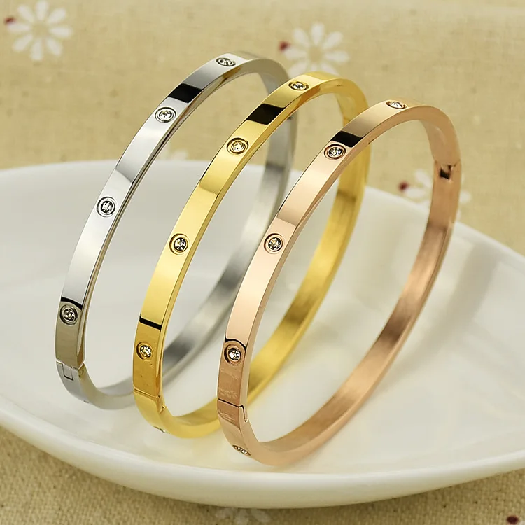 

Luxury brand designer Stainless Steel thin Bangle Rose gold Cuff ten white crystal slim Bracelets for Men & Women Gift