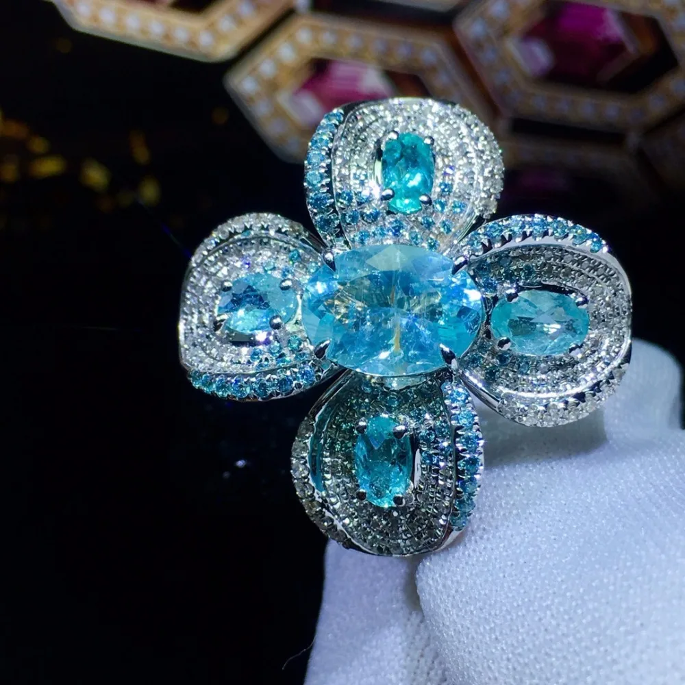 Paraiba кольцо с турмалином 1.77ct чистое 18 К золото натуральный Параиба Турмалин драгоценные камни Бриллианты Женские кольца для женщин тонкое кольцо