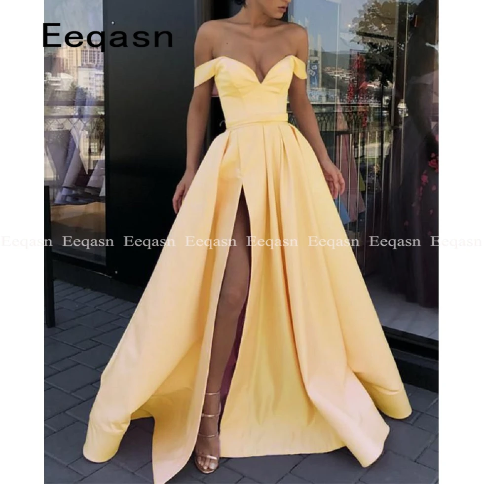 

Yellow Off the Shoulder Sexy gala dress High Slit A Line Satin Elegant Prom Dresses Long Party Evening Gowns 2019 Plus Size