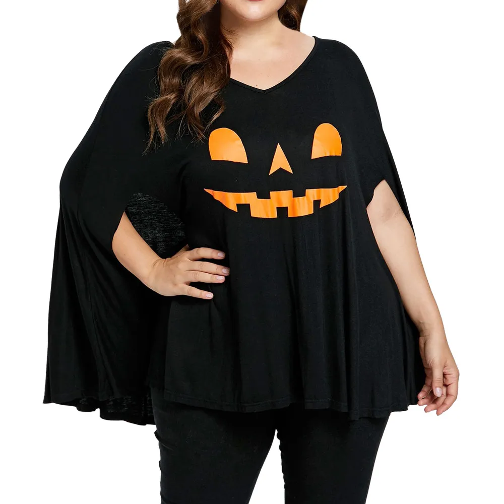 

Fashion t shirt women Plus Size Halloween Batwing Sleeve Pumpkin Head Print Lamp Poncho T-shirt poleras de mujer moda #20181013