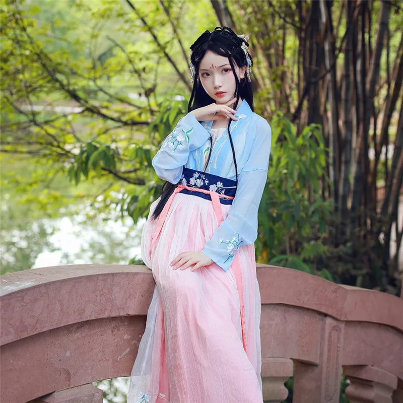 

Chinese Traditional Costume Women Hanfu Embroidery Han Dynasty Clothes Ancient National Dress Folk Performance Clothing DC1126