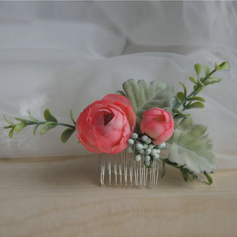 

Bride Wedding Greenery Pink Flower Hair Comb Prom Bridal Wedding Hair Accessories tocados flores bodas