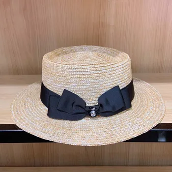 

Classical Ladies Short Brim Summer Hat Wide Brim Wheat Straw Hat Black Ribbon Bow Canotier Boater Hat Women Fedora Sun Beach Hat