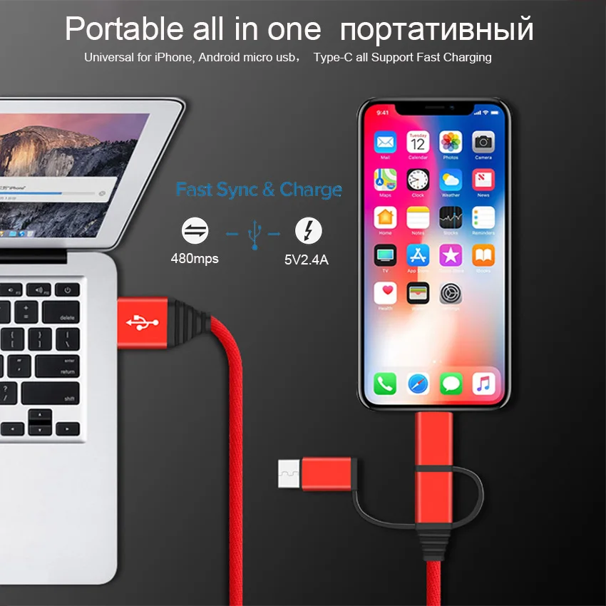CUagain 3 في 1 كابل يو اس بي للهاتف المحمول المصغّر usb نوع C كابل الشاحن ل فون سامسونج 6 كابل شحن مايكرو كابل الشاحن