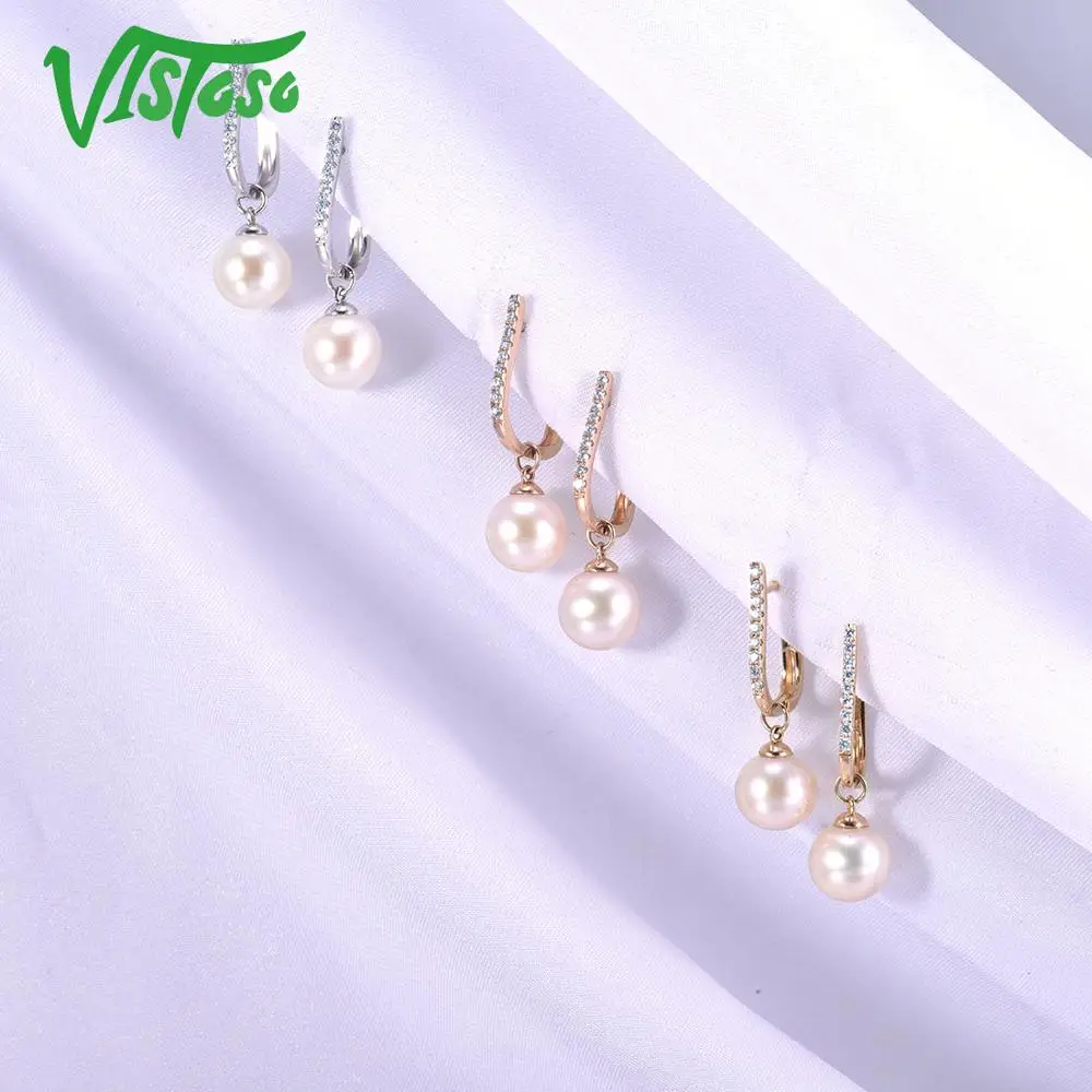 Серьги VISTOSO Pure 14K 585 желтый/белый/розовое золото для женщин, сверкающие бриллианты, Пресноводный Жемчуг, уникальные трендовые ювелирные изделия