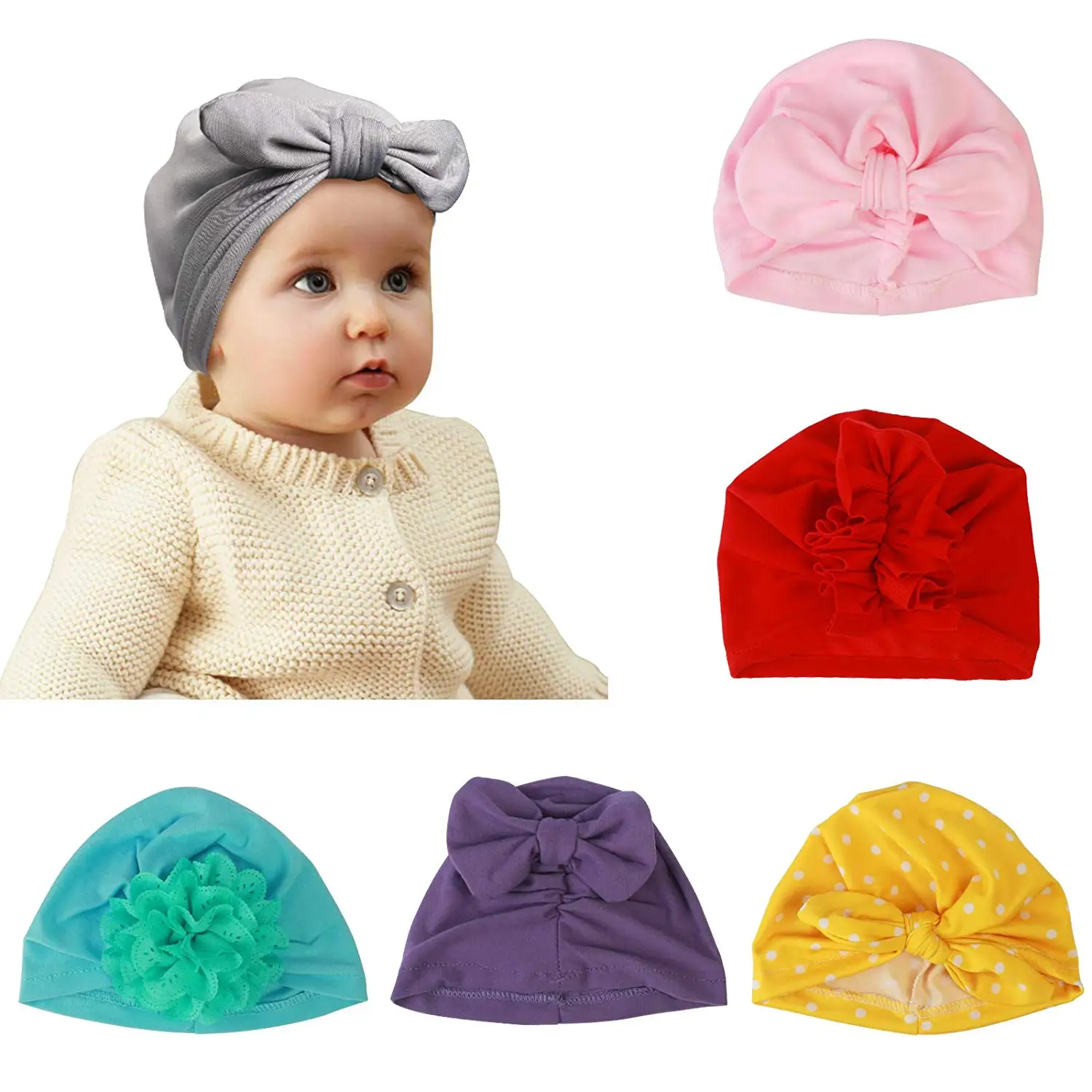

METABLE Baby Girl Turban, 6pcs Soft Knot Bow Cap Newborn Hat India Toddler Cap for The Baby from 3 to 12 Months