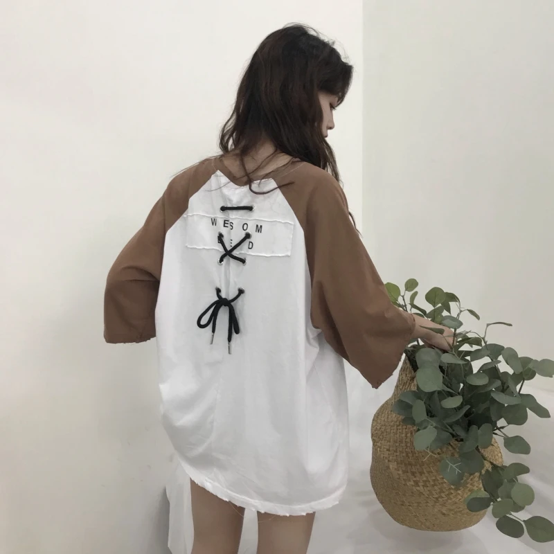 

YouGeMan Fashion T-shirt For Women Clothes Korean Ulzzang Hrajuku Letter Back Strap Half Sleeve V-neck Tshirt Top Woman Shirts
