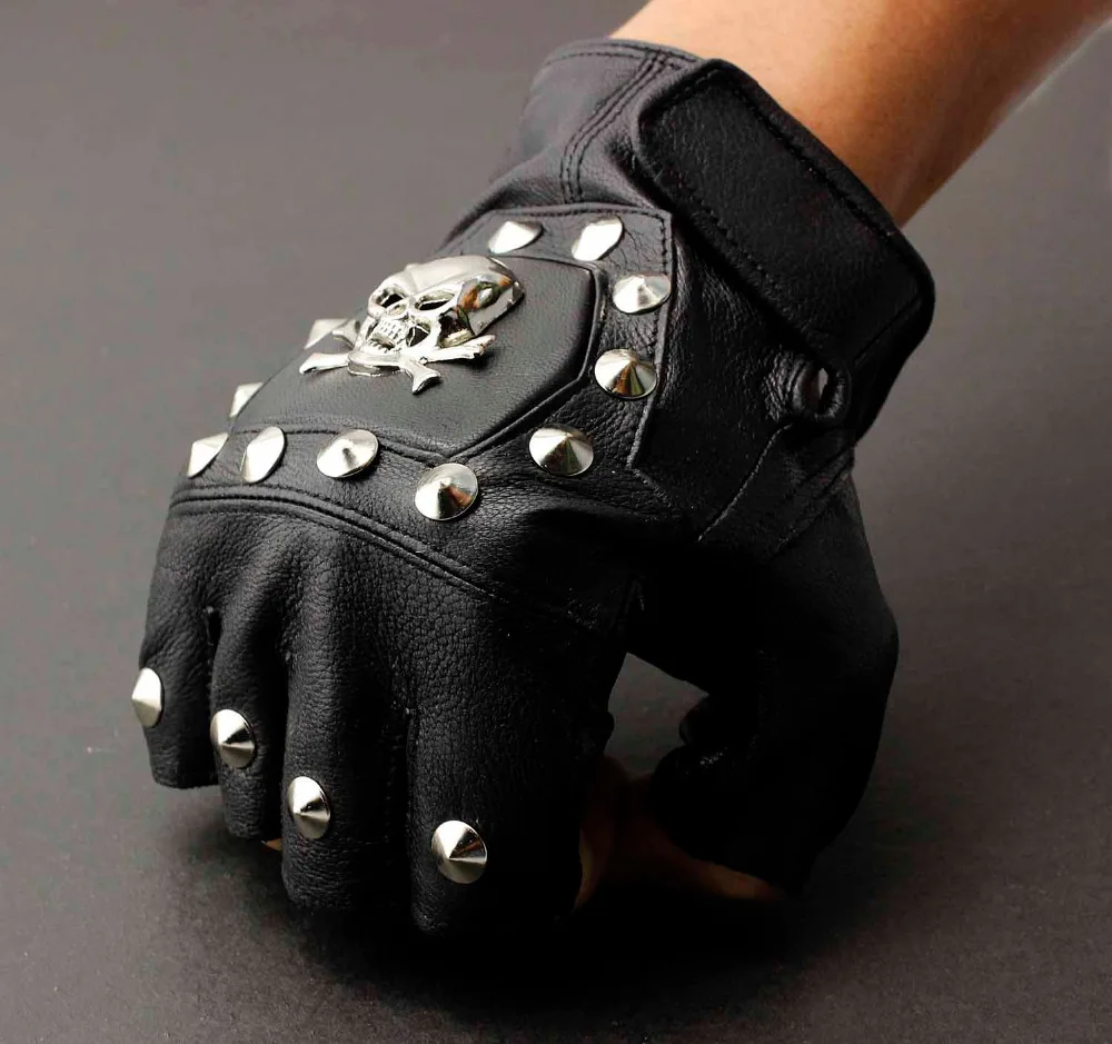 

Men's Real Leather Skull Punk Rocker Driving Motorcycle Biker Fingerless Gloves
