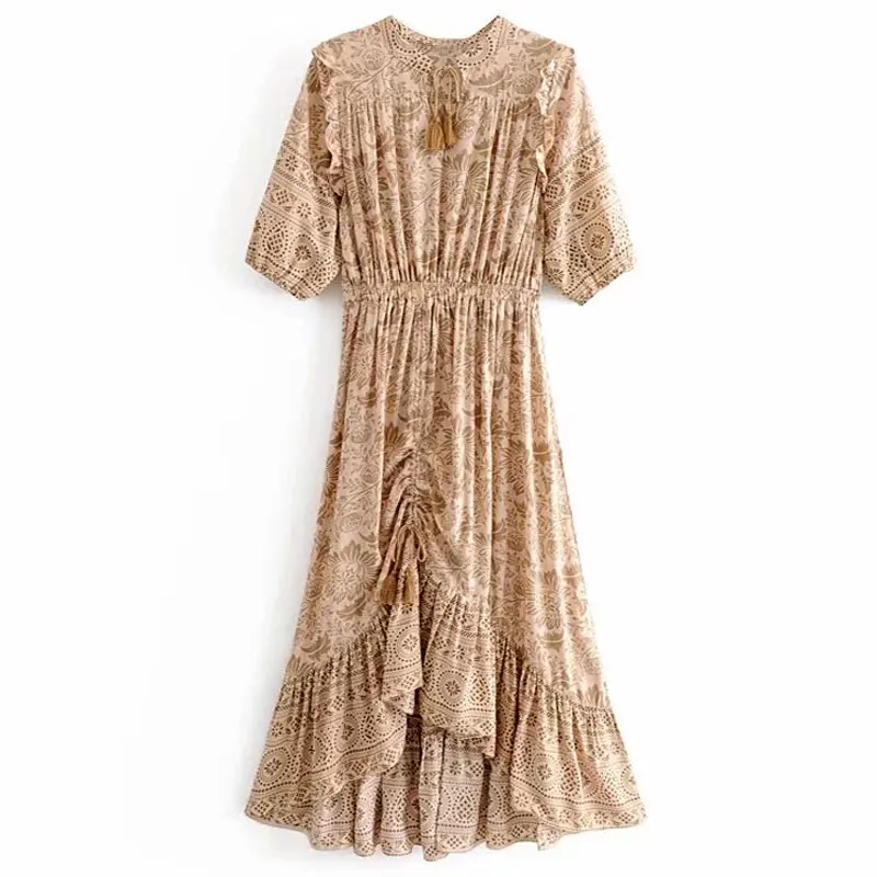 

BOHO INSPIRED ruffle dress V-neck tassle floral print summer dress Ruched front Irregular long boho dress casual women dress