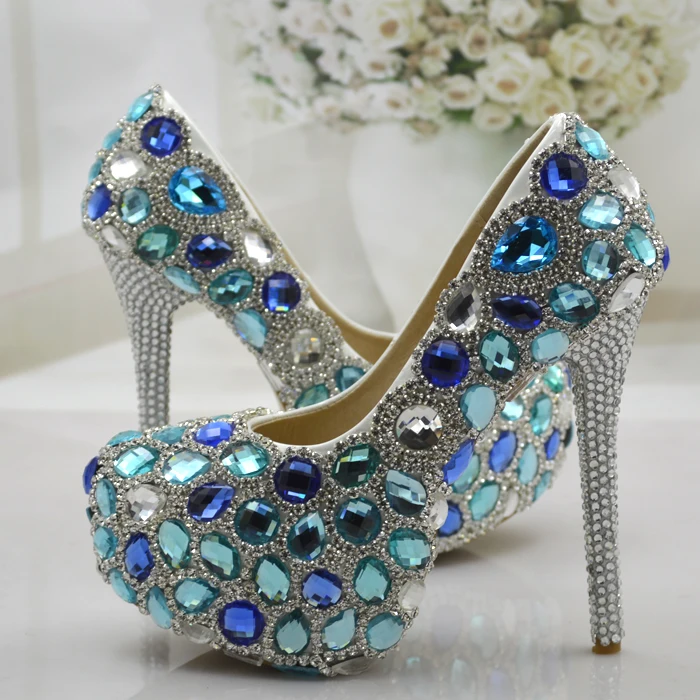 Wedding Shoes Women Pumps Blue Crystal Rhinestone High Heels Shoes ...