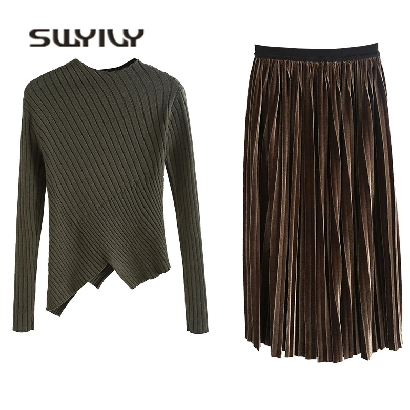 SWYIVY Skirts Suit Woman 2018 Spring Elegent Irregulat Sweaters +velvet Pleated Mid Calf Skirt Suits Ladies Two Piece Set Office