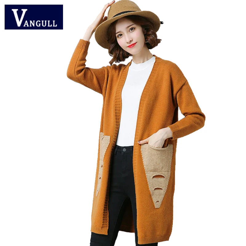 

Vangull Women Knitted Sweater 2019 Autumn New Casual V-Neck Long Sleeve Female Cardigans Openwork patch Solid women Sweater