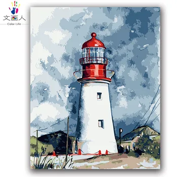 

Lighthouse Defend Picture Painting By Numbers Seascape Landscape building with kits package On Canvas coloring paint by numbers