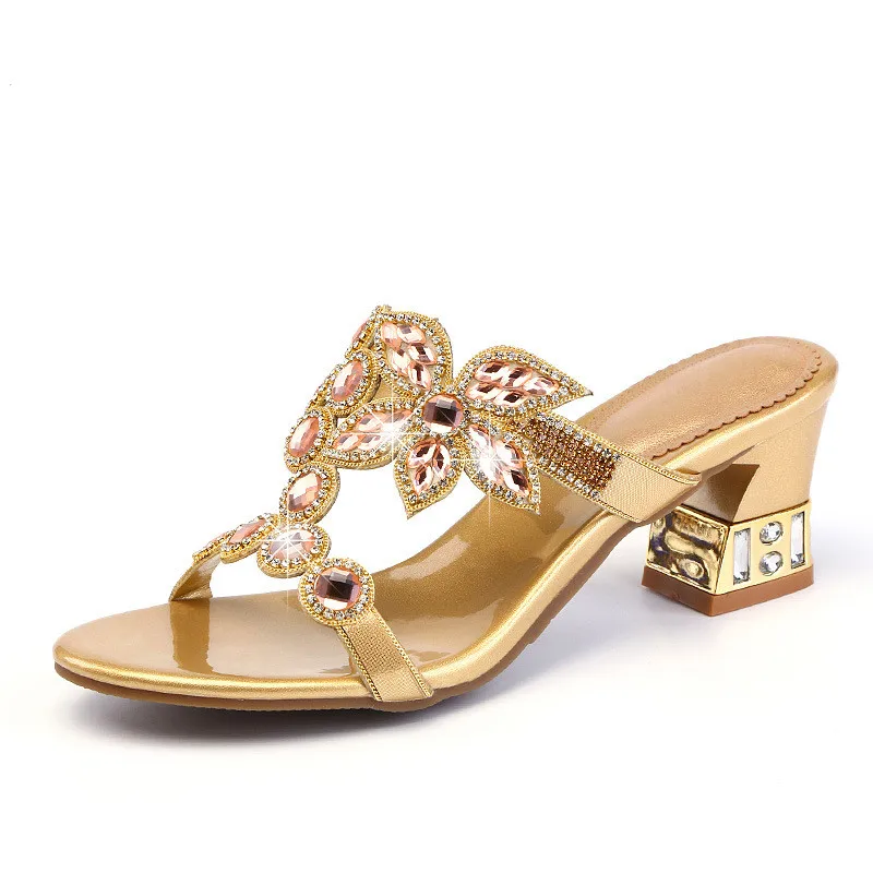 Г., новые летние разноцветные стразы, тапочки обувь на квадратном каблуке женские модные пляжные вьетнамки с кристаллами, сандалии для отдыха XMX-B0038 - Цвет: Золотой