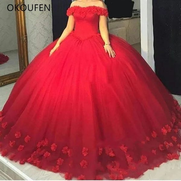 Red 3D-Floral Appliques Puffy Ball Gown Quinceanera Dresses Sweet 16 Off Shoulder Red Tulle Lace Up Back 2017 Party Pageant For Girls
