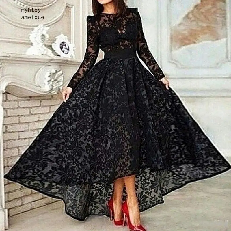 Black Muslim Evening Dresses 2020 Sexy Long Sleeves Tea Length Lace Islamic Dubai Saudi Arabic Elegant Gown | Свадьбы и торжества