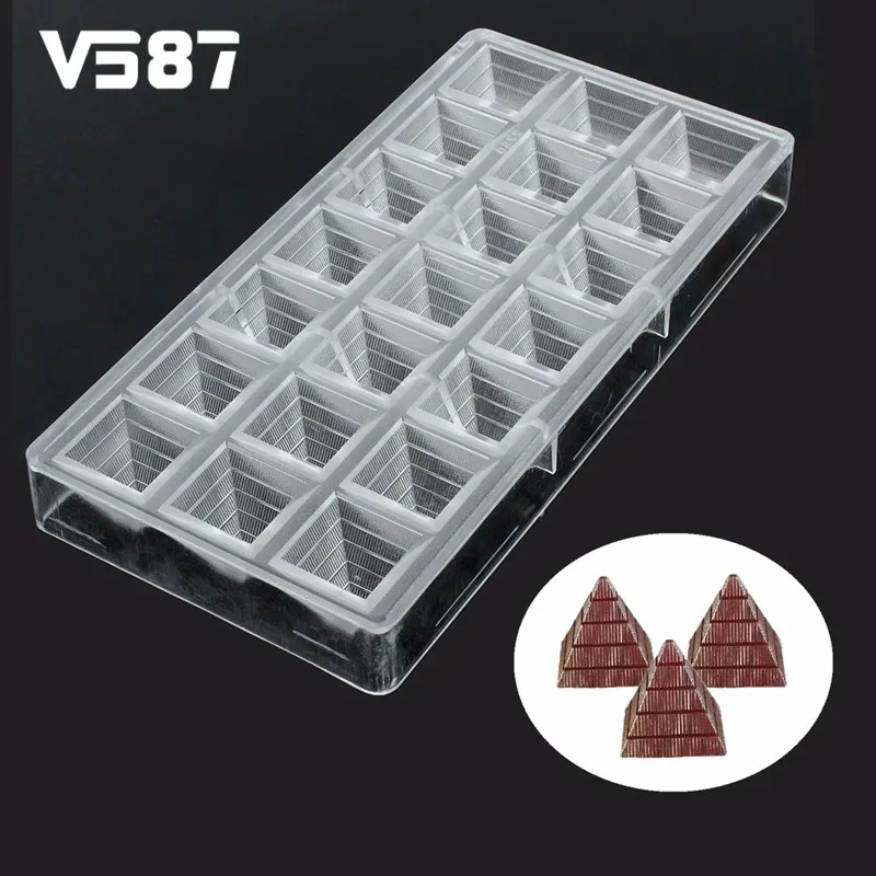 melhor 3D Forma de Pirâmide Policarbonato Chocolate Mold 21 PC DIY Ferramentas Bolo Pastelaria Doce de Geléia Molde Bandeja Pastelaria Panificação Casa Clara