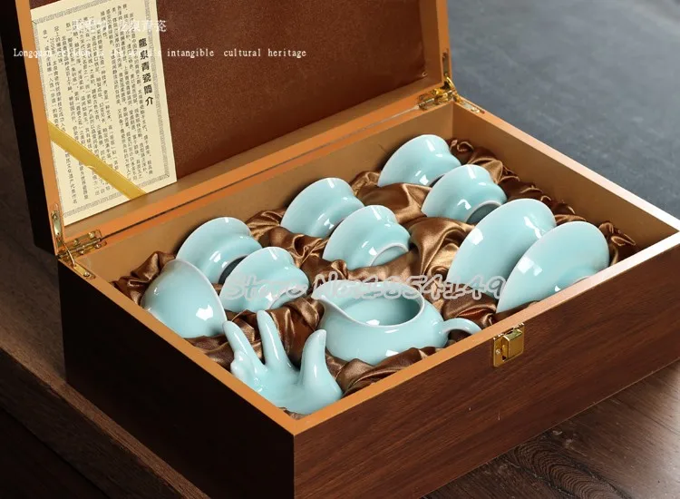10 шт. Китайский Longquan Celadon Crackle фарфоровая чаша ручной работы от отличного художника с подарочной посылка чайные сервизы кунг-фу гайвань