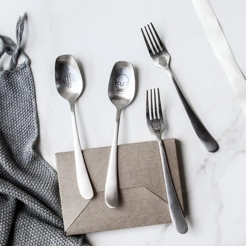 

Stainless Steel Brushed Western Tableware Creative Forks Spoons Skull Hand Pattern Forks, Skull Head Pattern Spoons