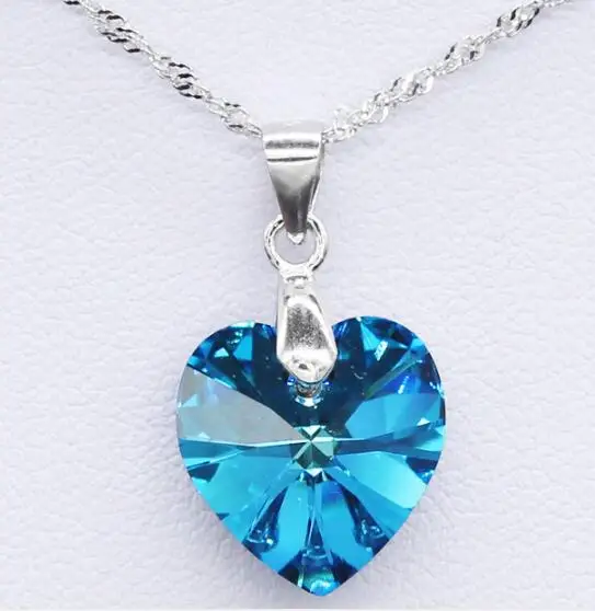 

free shipping ocean heart necklace blue crystal heart with S925 silver necklace 925 silver crystal necklace for women