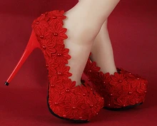 Flowers Red Lace Wedding Shoes Bridal Shoes High-heeled Waterproof Platform Fine With Dress Shoes Bridesmaid Shoes Pumps Sapatos