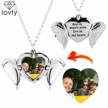 

lovty Angel Wings Heart Custom Photo Pendant Necklace for Women Long Chain Necklaces Personalized Custom Photo Jewelry Gift