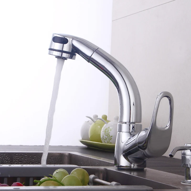Fapully Chrome Kitchen Faucet Pull Out Cold and Hot Mixer Tap Single Hole Ceramic Valve Deck Mount Swivel Spout Faucets 546-33C