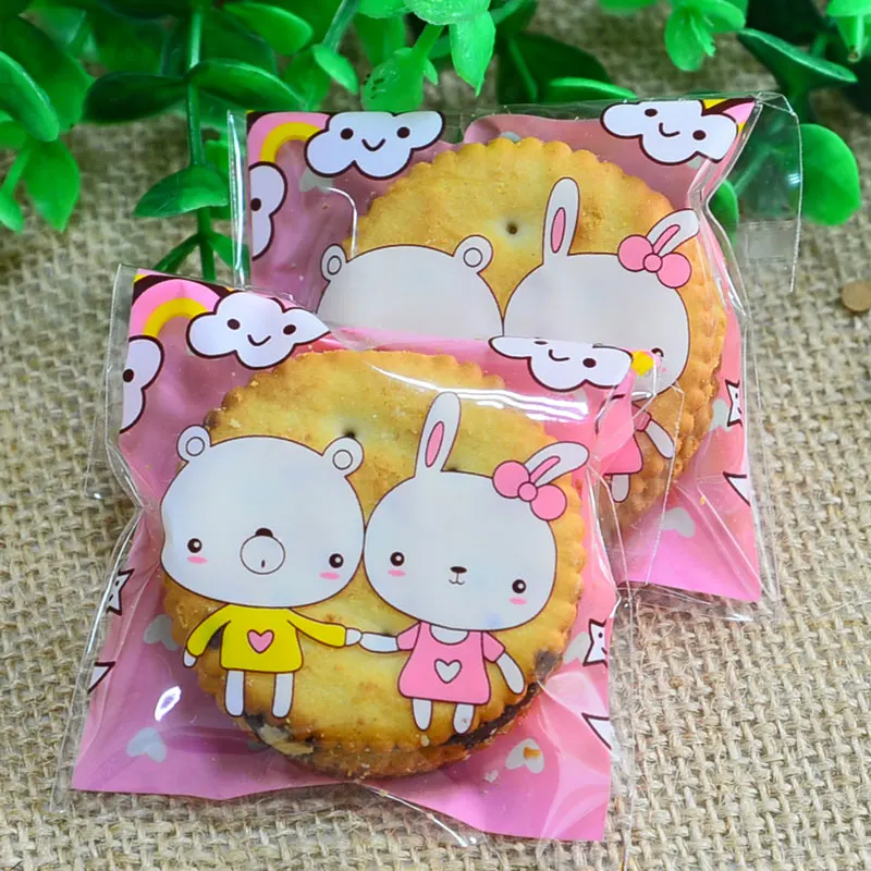

100 pcs/lot Cute Pink bear rabbit adhesive bag cookies diy Gift Bags for Christmas Party Candy Food&Handmade soap Packaging bags