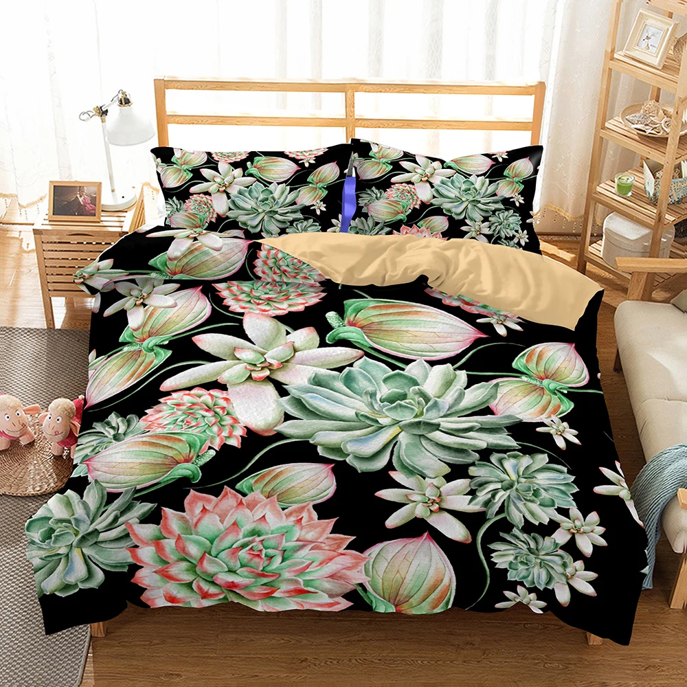 

3D Print Succulent Bedspread Black Duvet Cover Set 100% Microfiber Bedding Set with Pillowcase Bed Linen Set Plants Bedclothes