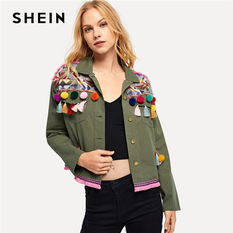 SHEIN Army Green Cotton Pom Pom and Tassel Detail Buttoned Coat Single