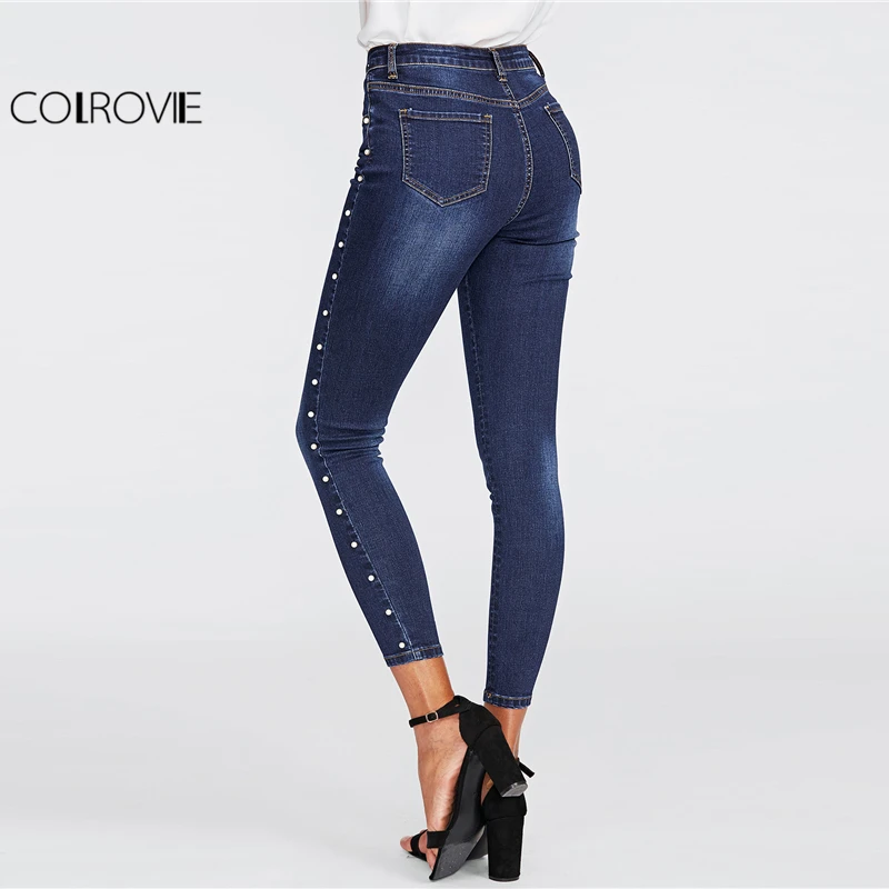COLROVIE 2018 Spring Skinny Pearl Beading Faded Wash Jeans Blue Mid Waist Zipper Fly Plain Denim Jeans Women Casual Trousers
